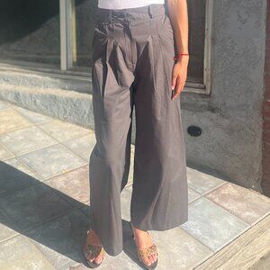 Olive Gray High-Waist Pleated Culottes | Wide-Leg Cotton Pants | Women’s Small